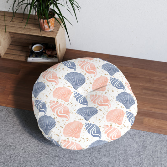 Beach Shells Tufted Floor Pillow – Coastal Nautical Throw Cushion, Summer Vibes Home Decor